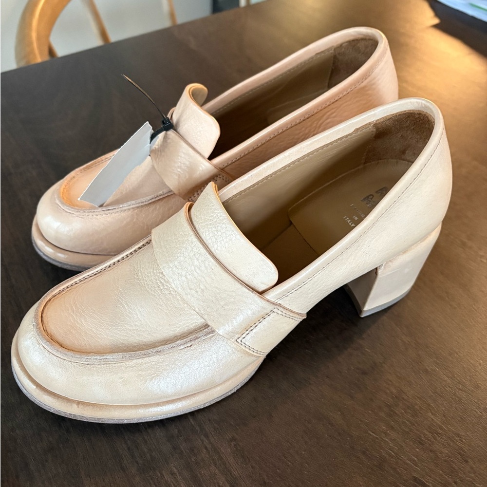 Moma Cream Leather Block Heel Loafers